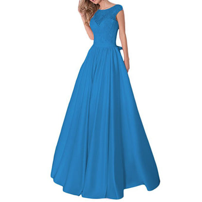 Lace A Line Bridesmaid Dress Cap Sleeve Satin Wedding Guest Dress Prom Gowns