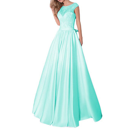 Lace A Line Bridesmaid Dress Cap Sleeve Satin Wedding Guest Dress Prom Gowns
