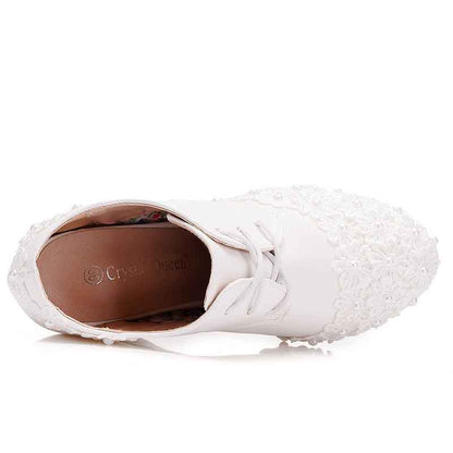 Wedding Platform Wedges Shoes Round Toe Lace Up Pumps Bridal Shoes