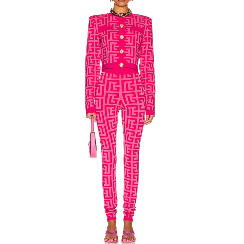 Women Maze Cardigan Suit + Trousers Two Piece Pink Sweater Suit