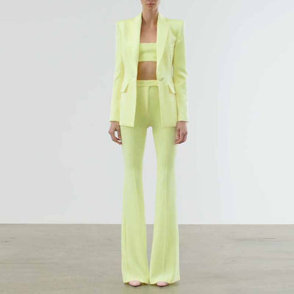 Women Light Yellow Blazer + Flare Trousers Suit Two Piece Pantsuits