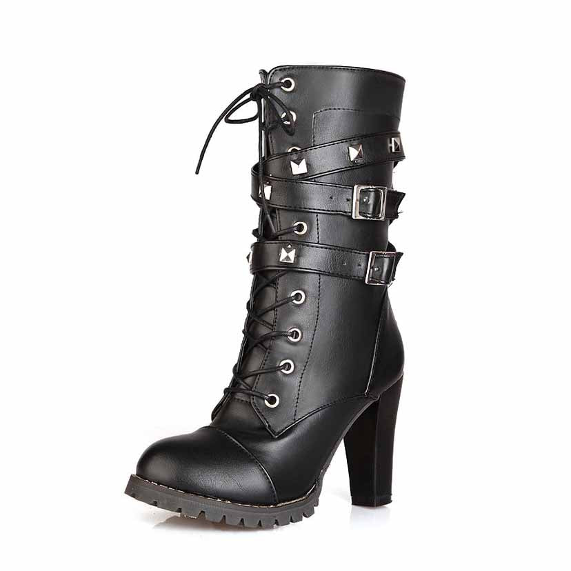 Women Lace up Ankle Buckle Chunky High Heel Platform Knight Boots
