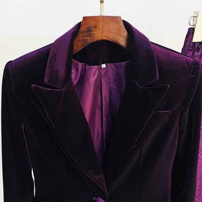 Women Velvet Dark Purple Blazer Pantsuit + Flare Trousers Suit