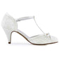 Women T Strap Wedding Shoes Low Heel Bow Lace Round Toe Pumps