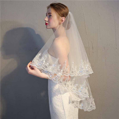 Charming 2 Layer Tulle With Lace Wedding Veils