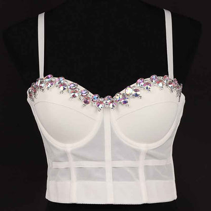 Womens Crop Tops Spaghetti Straps Beaded Push Up Corset Bra Party Top