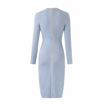 Women Light Blue button-up knitted minidress Ribbed Dress Fine-ribbed Dress