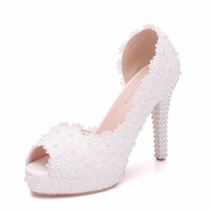 Women's Lace Stiletto High Heels Platform Wedding Pumps Peep Toe Bride Shoes