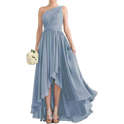 Women's One Shoulder Bridesmaid Dresses High Low Chiffon Evening Formal Gown with Pockets