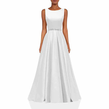 Women Long Prom Dress Satin A-Line with Beaded Belt Formal Evening Gown