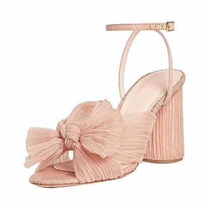 Blush Pink Bridal Bow Knot Heeled Sandals with a Stylish Chunky Heel for Elegant Occasions