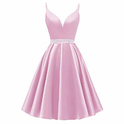 Girls Spaghetti Short Satin Prom Dress V-Neck Beaded Homecoming Evening Party Gowns