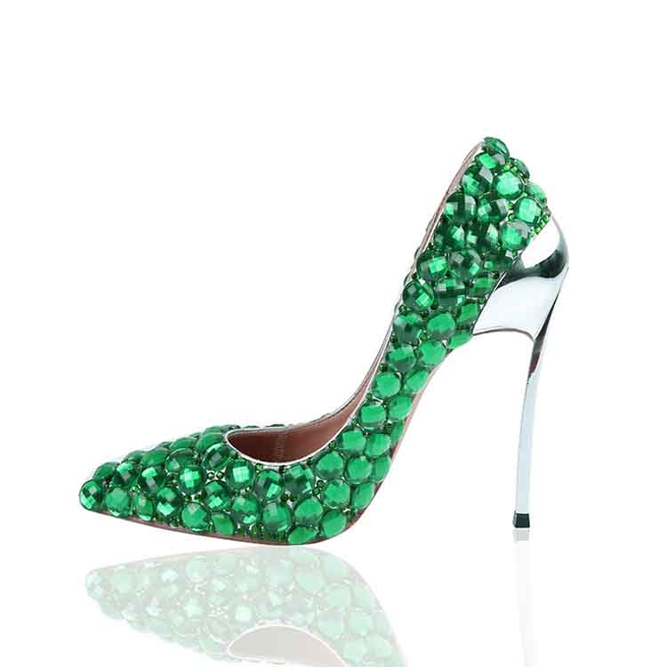 Rhinestone Wedding Pumps Women High Heels Crystal Green Shoes Metal ...
