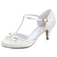Women T Strap Wedding Shoes Low Heel Bow Lace Round Toe Pumps