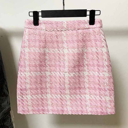 Women Pink Houndstooth Check Mini Skirt Formal Short Skirt Outfit