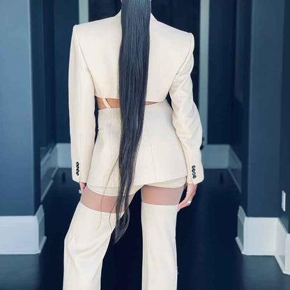 Women's Hollowed Suits Wide Leg Trouser Suit 2 Piece Pantsuits In Apricot