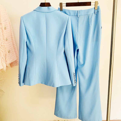 Women Sky blue Blazer + Flare Trousers Suit