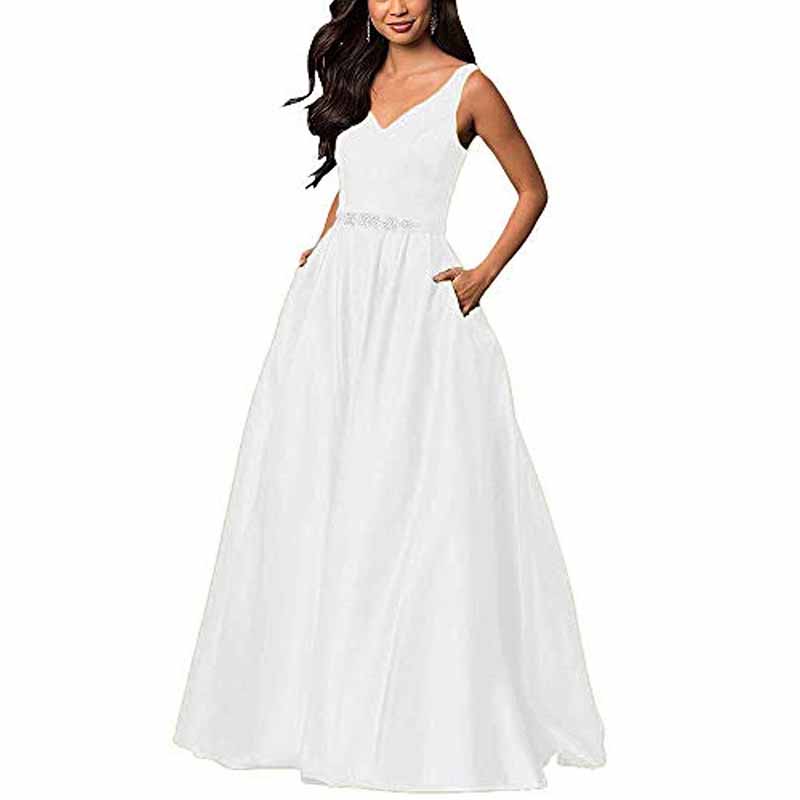 Women's Satin Bridesmaid Dress With Pocket Long Formal Evening Party Maxi Dress