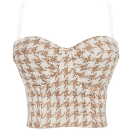 Women Hound's-tooth Check Spaghetti Straps Bra Summer Party Tank Top