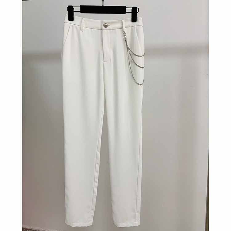Women White Hight Waisted Formal Pants with Chain Pencil Pants