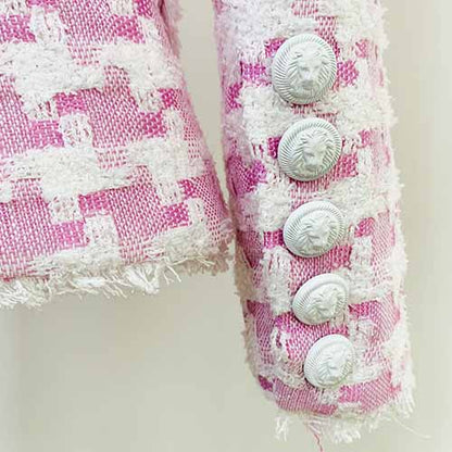 Women's Purple & White Tweed Houndstooth Luxury Fitted Double Breasted Blazer with Lion Buttons