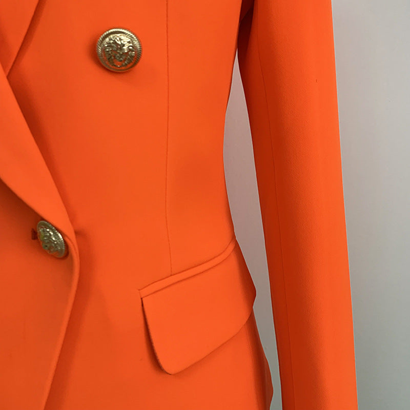 Women's Fitted Gold Lion Buttons Fitted Jacket Neon Orange Blazer