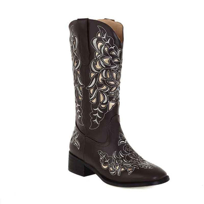 Women's Brown Cowgirl Boots Square Roe Short Embroidered Chunky Boots