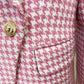 Women's Pink White Tweed Houndstooth Luxury Fitted Double Breasted Blazer Coat