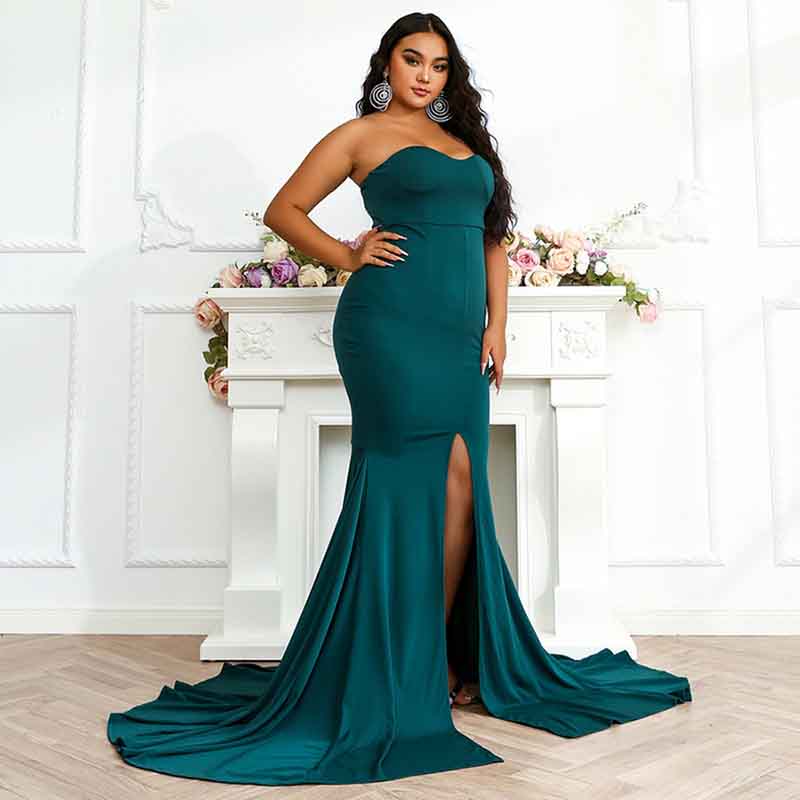 Women Prom Gown Plus Size Strapless Slit Front Wedding Evening Party Maxi Dress