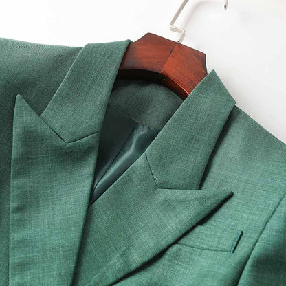 Women's Teal Green Textured Luxury Fitted Double Breasted Blazer with Lion Buttons - SLIM FIT