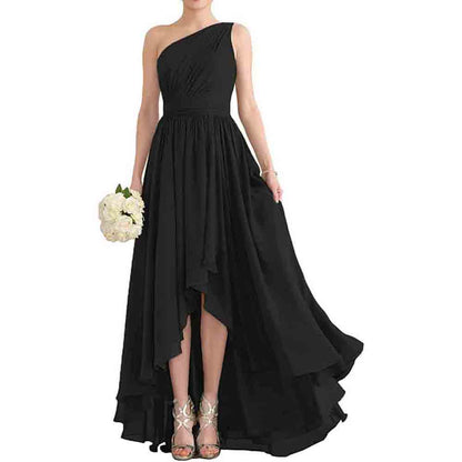 Women's One Shoulder Bridesmaid Dresses High Low Chiffon Evening Formal Gown with Pockets