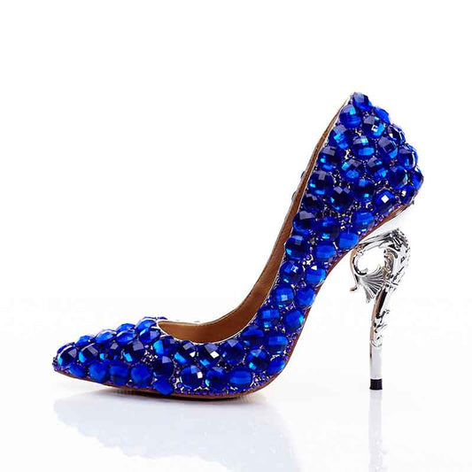 Royal Blue Rhinestone Wedding Pumps Women High Heels Crystal Shoes