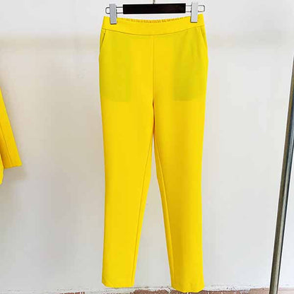 Womens Yellow Pantsuits Blazer + High Waist Nine-Point Suit Pants