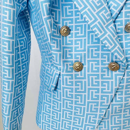Women's Blue Blazer Labyrinth Pattern Jacket Coats with Gold Buttons
