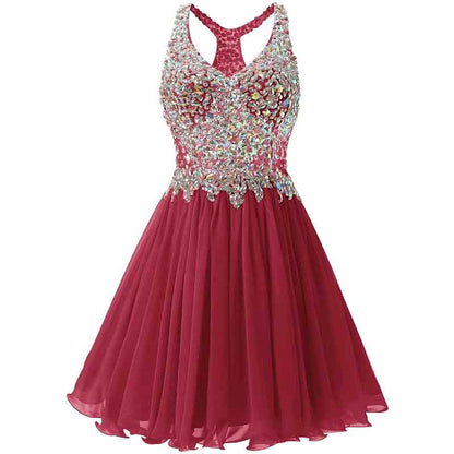 Women's Beaded Chiffon Homecoming Dresses Short Prom Gown Short Cocktail Party Dress