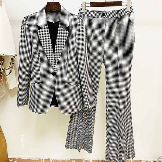Checked Suits for Women Fashion 2 Pieces Flared Trousers Set