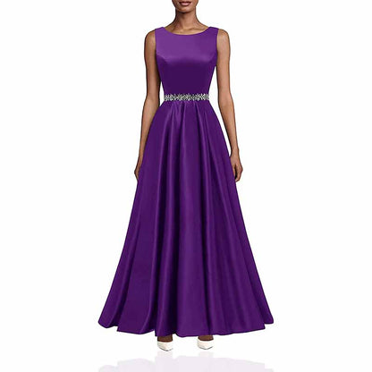 Women Long Prom Dress Satin A-Line with Beaded Belt Formal Evening Gown