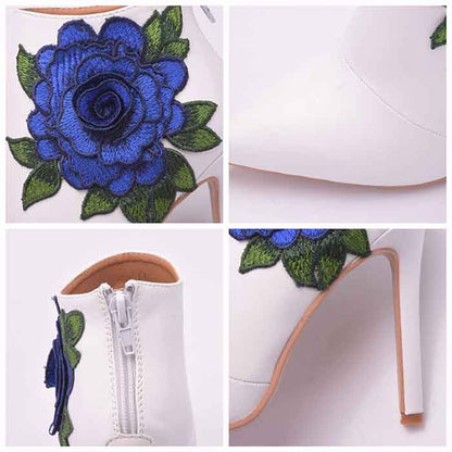Women's Pointed Toe Ankle Boots White Embroidered Blue Rose Floral Boots