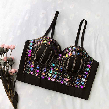 Black Corset Top Push Up Rhinestone Diamond Bra Party Vest