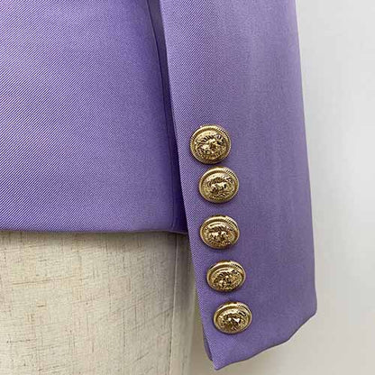 Women's Purple Textured Luxury Fitted Double Breasted Blazer with Lion Buttons
