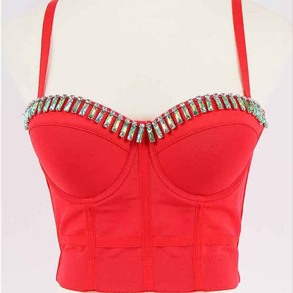 Womens Crop Tops Spaghetti Straps Beaded Push Up Corset Bra Party Top