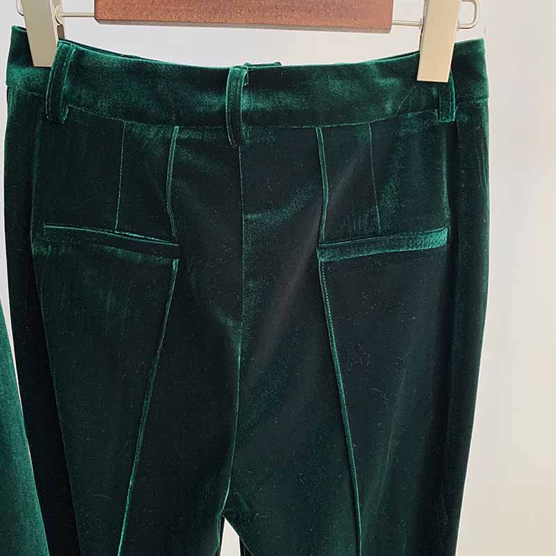 Women Velvet Green Blazer + Flare Trousers Suit