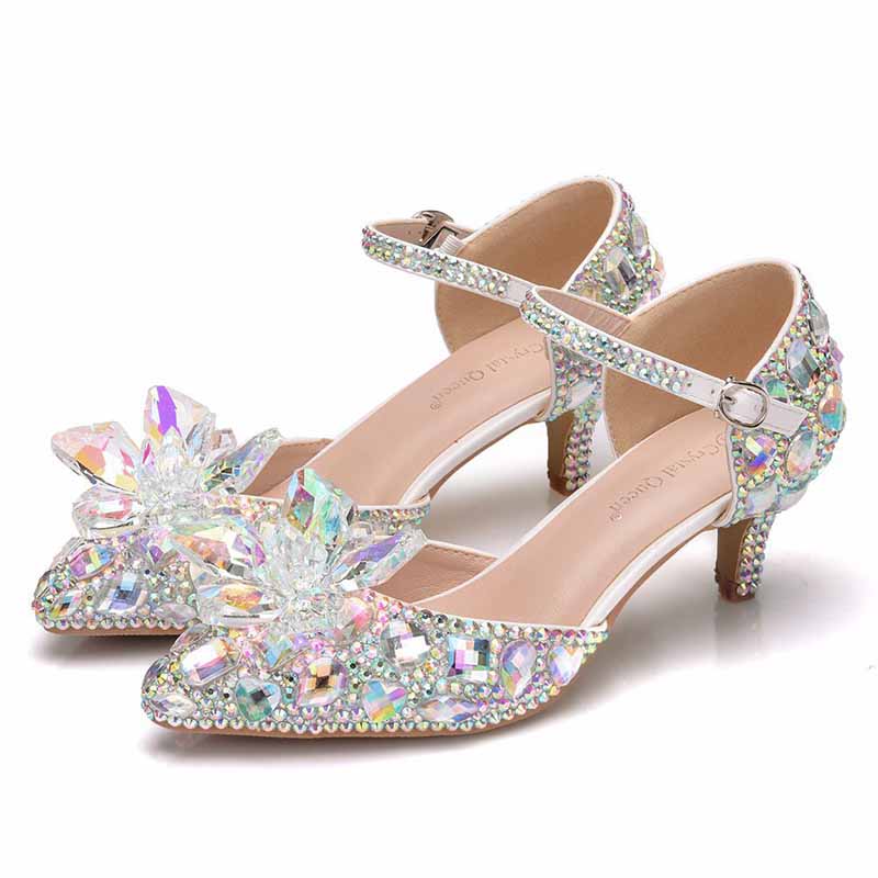 Rhinestone Sandals Pointed Toe Crystal Shoes Wedding Low Heels