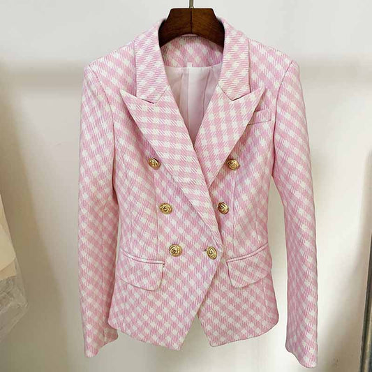 Women's Pink White Tweed Luxury Fitted Double Breasted Blazer with Lion Buttons