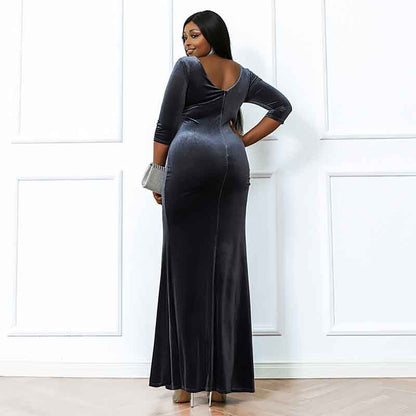 Women's Plus Size Maxi Velvet Long Sleeve Prom Dress Formal Evening Gowns
