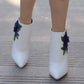 Women's Pointed Toe Ankle Boots White Embroidered Blue Rose Floral Boots