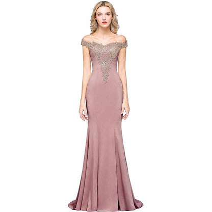 Women Long Gold Lace Applique Mermaid Prom Dress Off Shoulder Formal Gowns