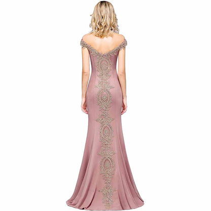 Women Long Gold Lace Applique Mermaid Prom Dress Off Shoulder Formal Gowns