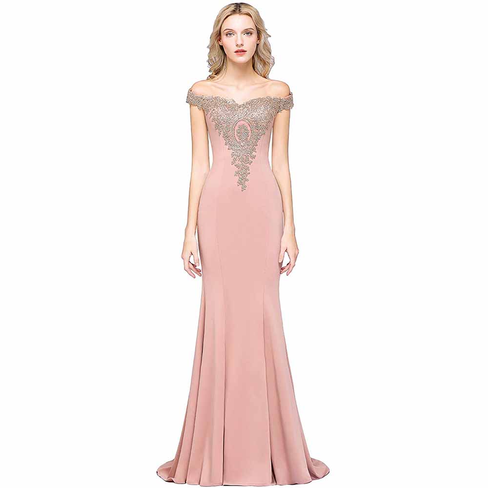 Women Long Gold Lace Applique Mermaid Prom Dress Off Shoulder Formal Gowns