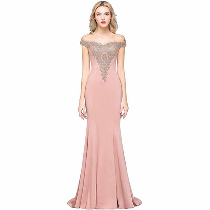 Women Long Gold Lace Applique Mermaid Prom Dress Off Shoulder Formal Gowns